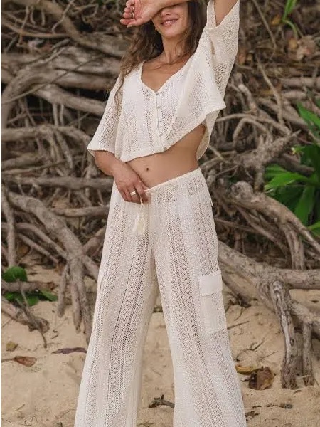 Tuckernuck Cream Crochet Wide-Leg Pants With Drawstring